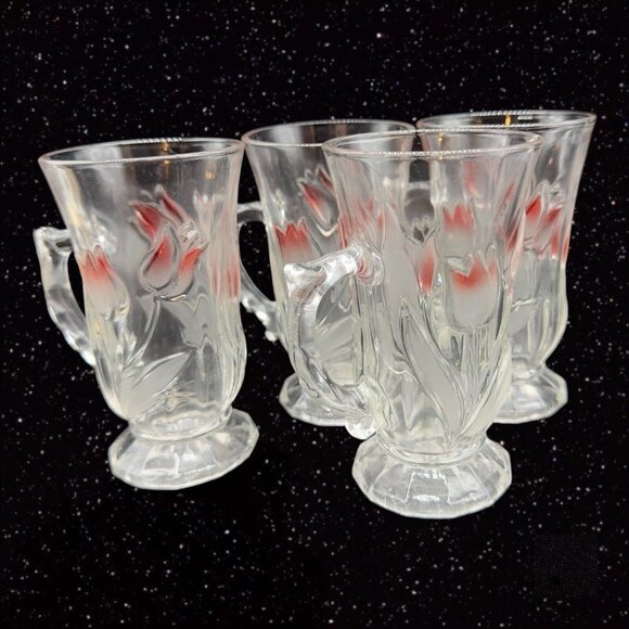 Japanese Mug Set With Pajbted Flowers Glass Cups Coffee Mugs Set 4 Pcs 4.5”T - Picture 1 of 9